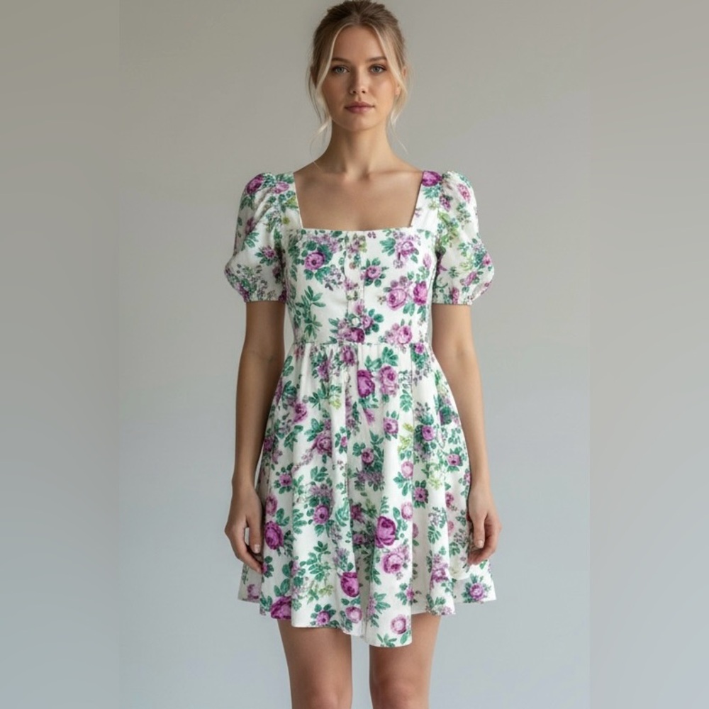ASOS Design Floral Mini Dress Cottagecore Puff Sleeve White Purple Size S - Picture 2 of 9